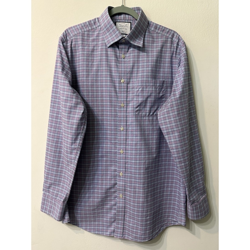 Charles Tyrwhitt Men's Dress Shirt 16.5 35 Slim Fit Non-Iron Purple Blue Check